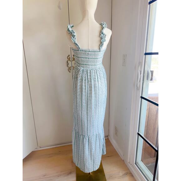 Women's Boho Eyelet Maxi Dress White/Green Ruffle bottom Sundress Bohemian Sz Sm - Picture 6 of 11